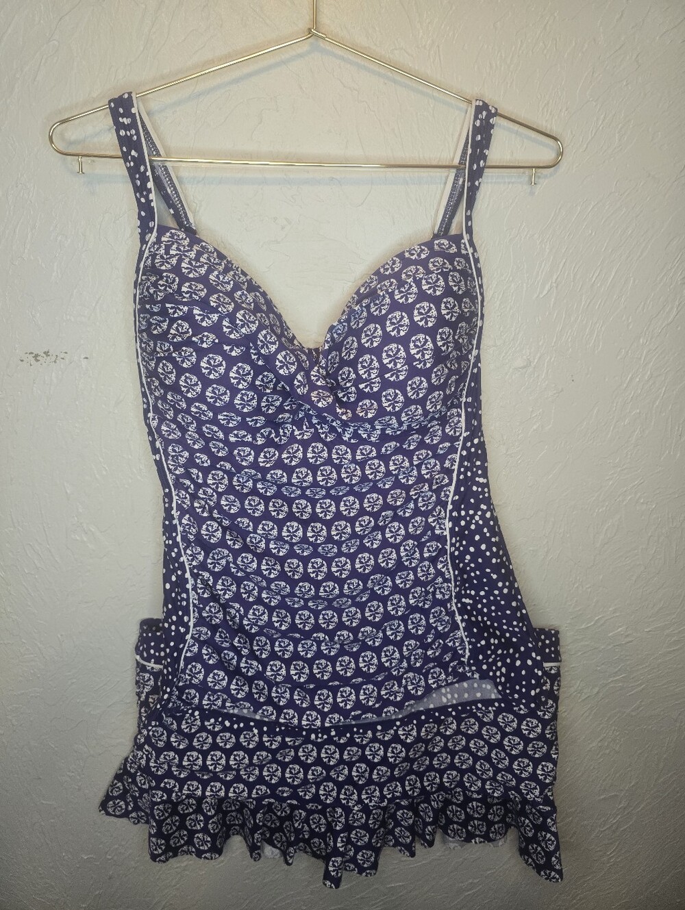 La Blanca Size 14 Tankini Swim Set Purple White Polka Dot Ruffle Skirted Bottoms